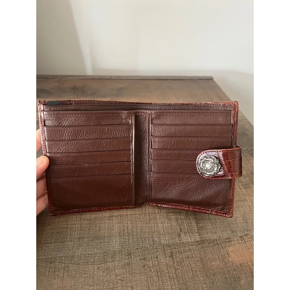 Brighton Cognac Brown Croc Embossed Leather Bifold Wallet Silver Hardware VTG